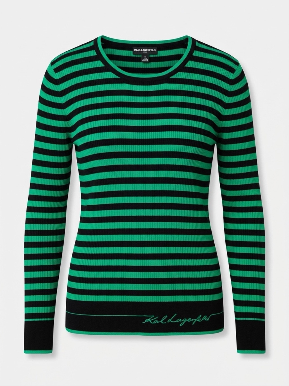 Karl Lagerfeld Black & Green Striped Ribbed Long-Sleeve Top
